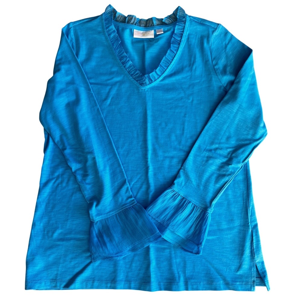 Belle by Kim Gravel Slub Knit Double Flutter Sleeve Top Size Small Blue‎